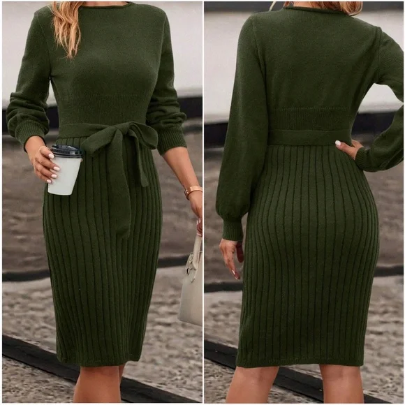 Classic Ribbed Belted Solid Sweater Dress - Picture 3 of 7
